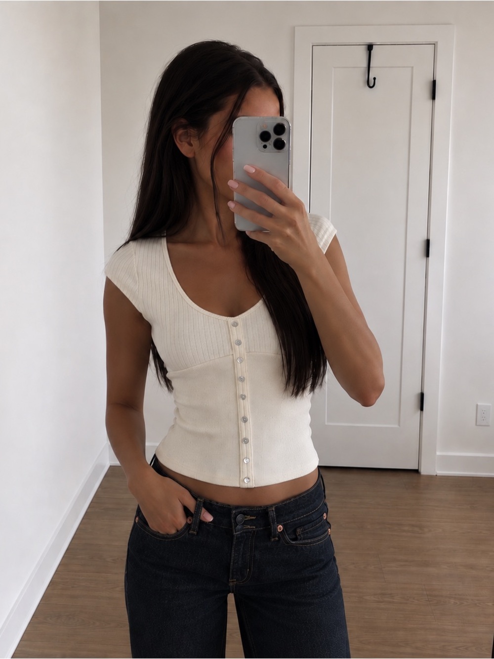 Motel Rocks Cream Ribbed V-Neck Button Front Top